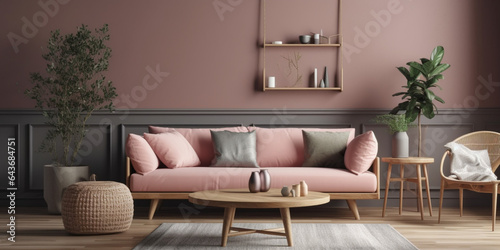 Interior of modern living room with accent coffee table, classical sofa and armchairs, pink furniture, scandinavian design, pink wall, shelf on wall