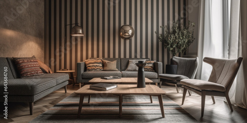 Interior of modern living room with accent coffee table, modern sofa and armchairs, room in gray color, gray furniture, striped wall