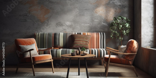 Interior of modern living room with accent coffee table and soft chair, room and furniture in a striped style, stone wall, one plant