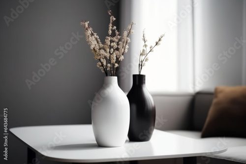 Couple white and black modern vases with decorative plants on a table in a bright room, minimalist style