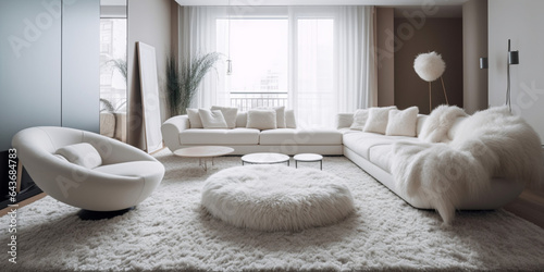 Interior of modern living room with accent coffee table, classical sofa and armchairs, room in white color and furniture, big windows, soft furniture, bright style