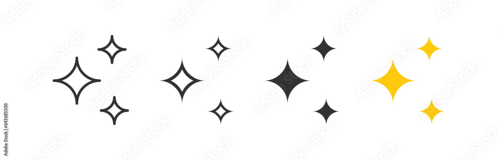 Sparkle icon. Star signs. Twinkle symbol. Christmas element symbols. Bright effect icons. Black, yellow color. Vector sign. Sparkle icon. Star signs. Twinkle symbol. Christmas element symbols. Bright effect icons. Black, yellow color. Vector sign.