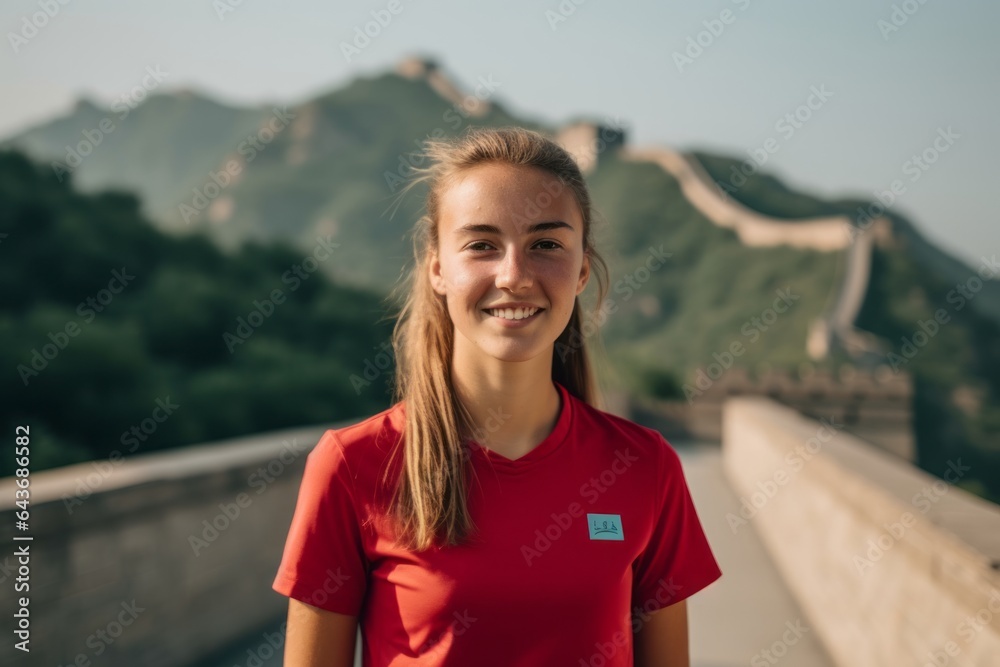 Medium shot portrait photography of a cheerful girl in her 20s wearing a sporty polo shirt at the great wall of china in beijing china. With generative AI technology