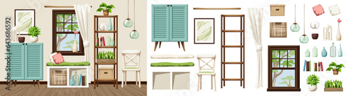 Cozy room interior design with a blue cabinet, a shelving, a window, and a window seat. Furniture set. Interior constructor. Cartoon vector illustration