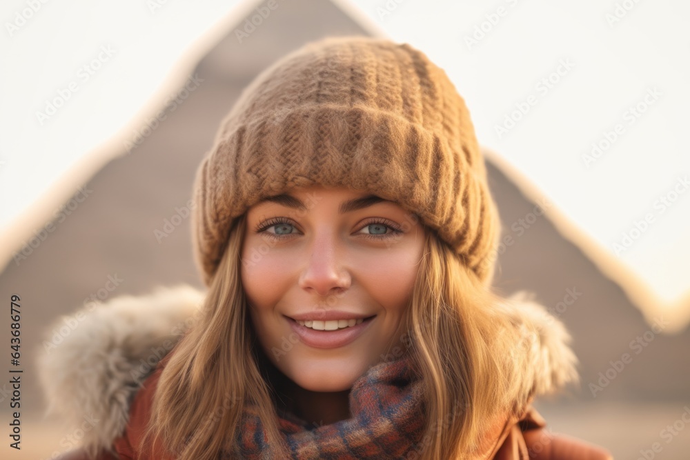 Close-up portrait photography of a content girl in her 30s wearing a warm trapper hat in front of the pyramids of giza in cairo egypt. With generative AI technology Close-up portrait photography of a content girl in her 30s wearing a warm trapper hat in front of the pyramids of giza in cairo egypt. With generative AI technology