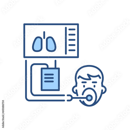 Medical ventilator related vector icon. Ventilator with image of lungs and human head with mask. Medical ventilator sign. Isolated on white background. Editable vector illustration