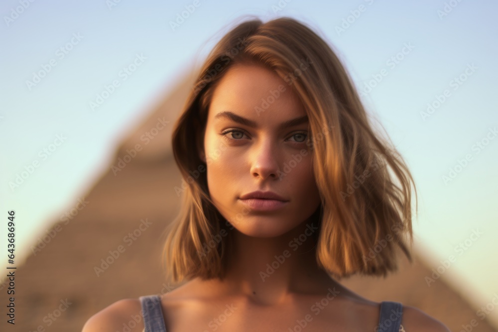 Close-up portrait photography of a tender girl in his 20s wearing an elegant halter top in front of the pyramids of giza in cairo egypt. With generative AI technology