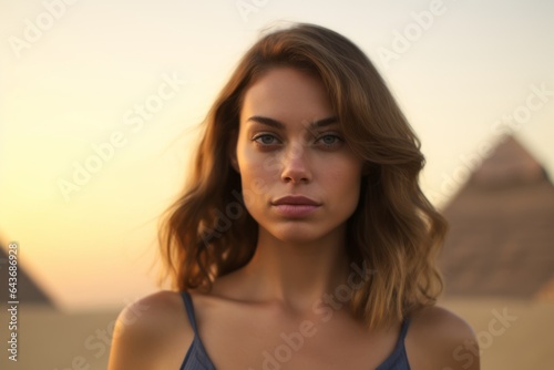 Close-up portrait photography of a tender girl in his 20s wearing an elegant halter top in front of the pyramids of giza in cairo egypt. With generative AI technology © Markus Schröder