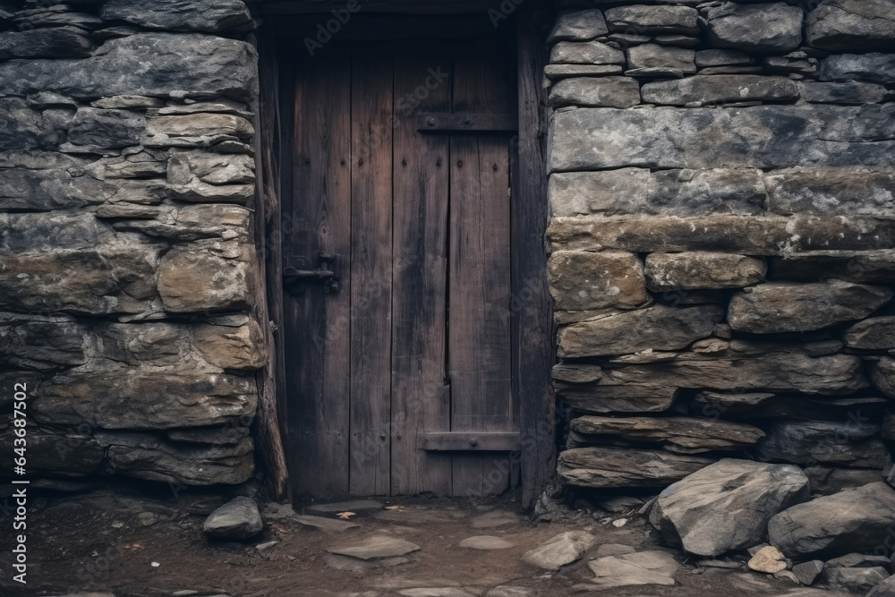 Primitive wooden door in old stony hut