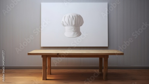 a white chef hat on a wooden table in front of a blurred background, in the style of minimalist starkness, barbizon school, large canvas format, zbrush, algeapunk, made with Generative AI photo