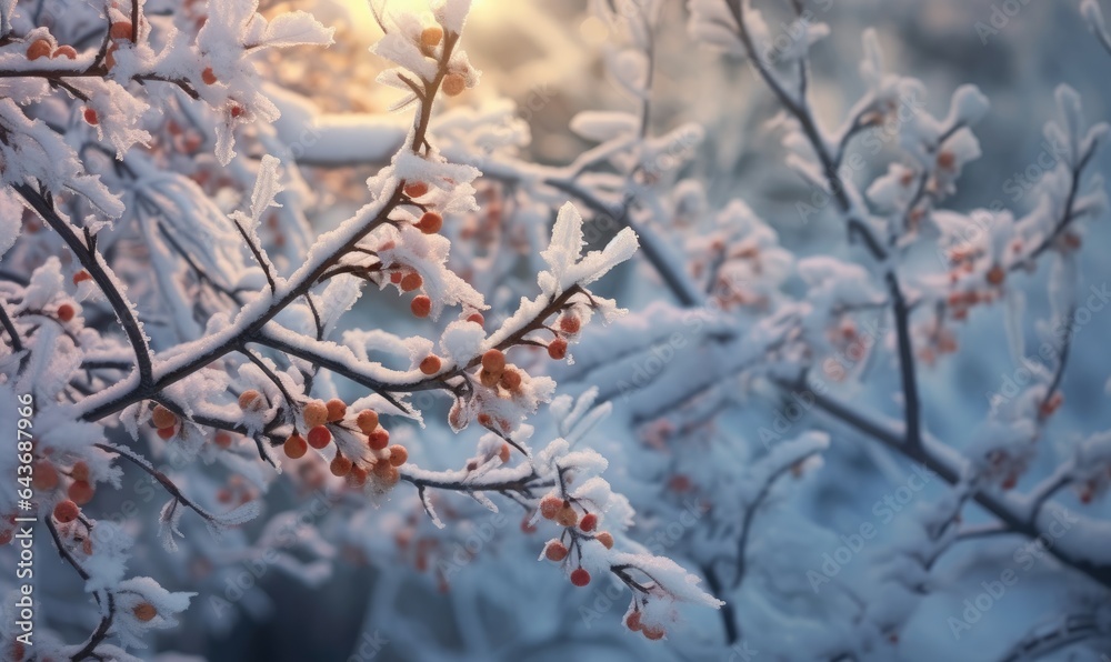 Art of winter morning nature background with snow-covered Christmas tree branches, made with Generative AI Art of winter morning nature background with snow-covered Christmas tree branches, made with Generative AI