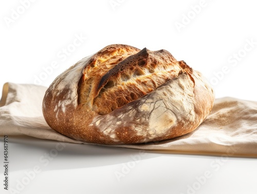 Artisanal bread loaf, rustic charm on a pristine white backdrop, made with Generative AI
