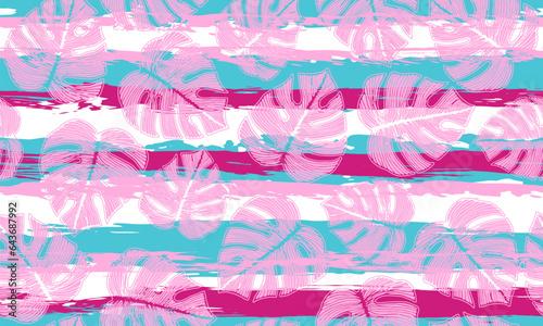 Ceriman striped leaves botanical repeat rapport over stripes background.