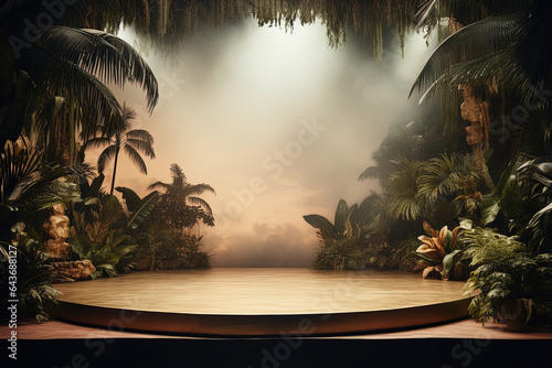 Empty product display mock up with tropical palm leaves and spot lights. Tropical background concept