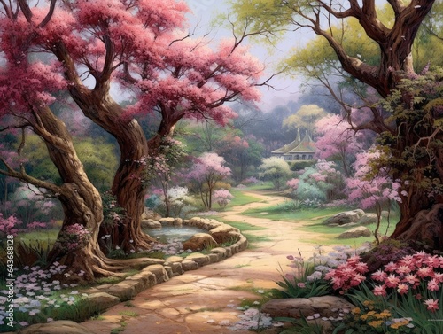 Blossoming Spring Gardens, vibrant flora, serene paths, nature's artistry, made with Generative AI