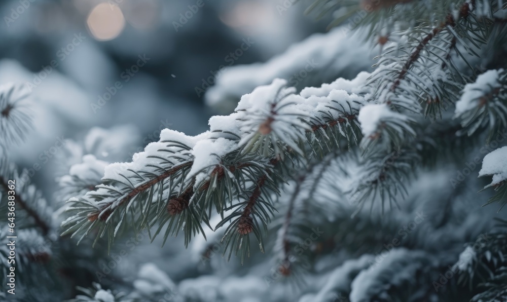 Christmas snowy fir tree branches close up. Christmas and winter concept with space for text with an empty space, made with Generative AI Christmas snowy fir tree branches close up. Christmas and winter concept with space for text with an empty space, made with Generative AI