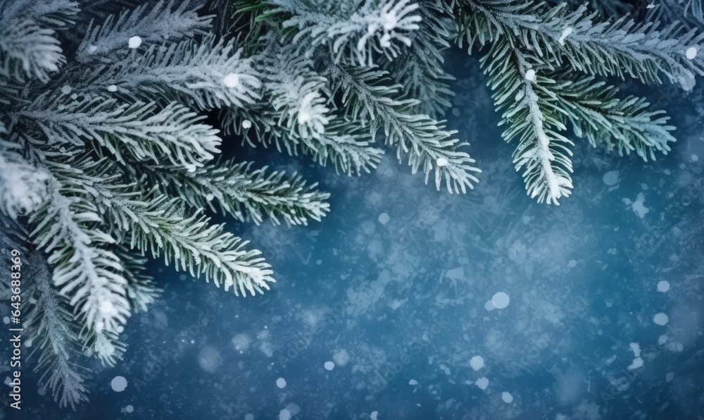 Christmas snowy fir tree branches close up. Christmas and winter concept with space for text with an empty space, made with Generative AI