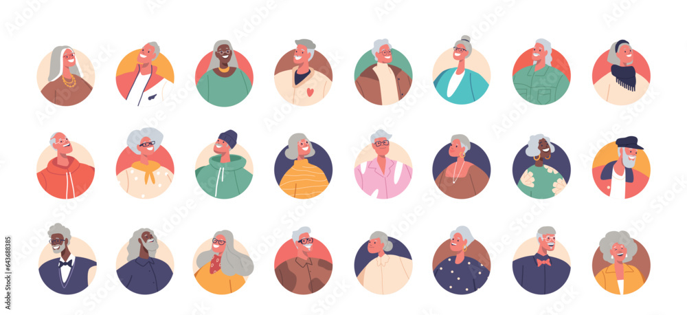Set of Senior People Avatars. Isolated Round Icons or Portraits Of Elderly Male and Female Characters For Applications Set of Senior People Avatars. Isolated Round Icons or Portraits Of Elderly Male and Female Characters For Applications