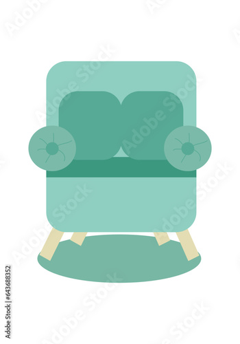 Blue green legged chair with pouffe, armrests and cushions and carpet on the floor. Modern classic upholstered furniture for the home. Vector flat illustration