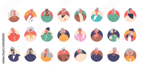 Set of Senior People Avatars. Isolated Round Icons or Portraits Of Elderly Male and Female Characters For Applications