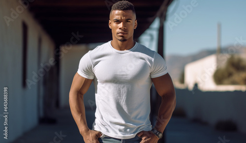 A young serious, self-confident African American male looks determined. Guy in white t-shirt outside. Generative AI
