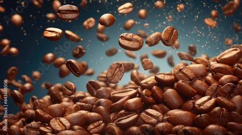 coffee beans flying in the air on a dark red background  in the style of intense texture collage  uhd image  wimmelbilder  soggy  photo taken   cabincore  brown and azure  made with Generative AI