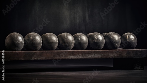 dumbbbells on dark background with gray background, in the style of dadaist photomontage, rustic texture, skillful lighting, dusty piles, quadratura, tabletop photography, steel/iron frame constructio photo