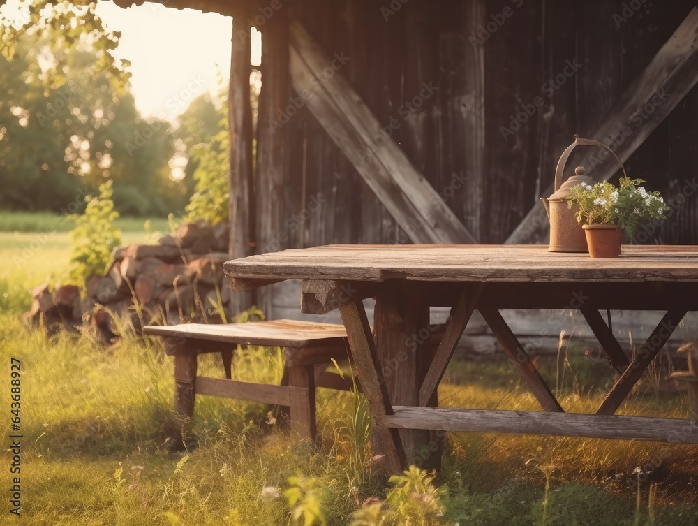 Empty wooden table with rustic charm in a serene setting, made with Generative AI