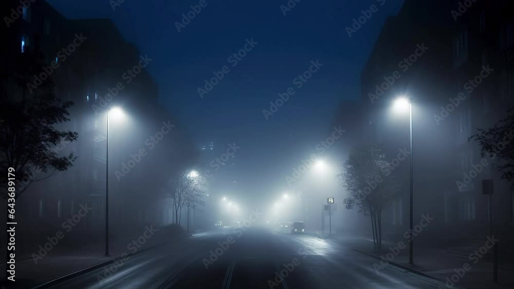 Insomnia concept, slow motion, empty blue city street in fog, light of lanterns. Insomnia concept, slow motion, empty blue city street in fog, light of lanterns.
