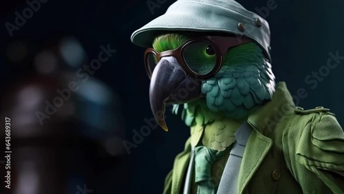 Slow motion mr green parrot, gentleman in boss hat and scientist. photo