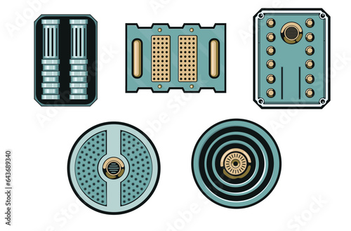 Vector set of mechanized parts. Pack of stickers isolated on white background.
