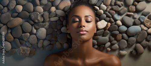African American woman with pebbles on back promotes national spa week Public awareness of health and relaxation benefits