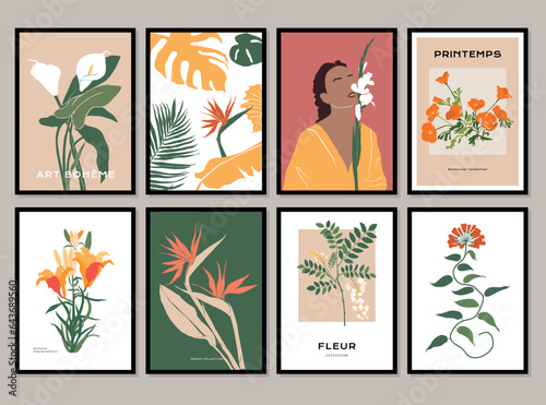 Bohemian collection of woman portrait and botanical illustrations for wall art gallery
