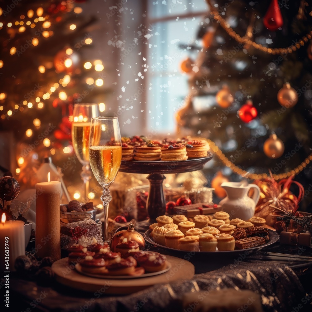 A tabletop covered with holiday treats and decorations, set against a dreamy and blurred backdrop of a Christmas tree and glowing lights. Enchanting, festive feast, seasonal celebration
