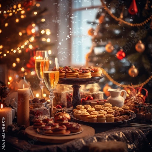 A tabletop covered with holiday treats and decorations  set against a dreamy and blurred backdrop of a Christmas tree and glowing lights. Enchanting  festive feast  seasonal celebration