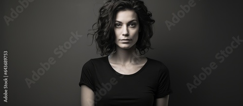 Black and white portrait of an attractive woman wearing a black t shirt against a plain background