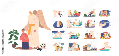Set Angel Guardian Protect People Scenes. Heavenly Being Save Adult, Old And Kids Characters Lives, Offering Support