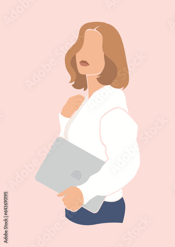 trendy abstract girl boss, successful confident beautiful business woman, lady student with laptop, isolated vector illustration, poster, wall art