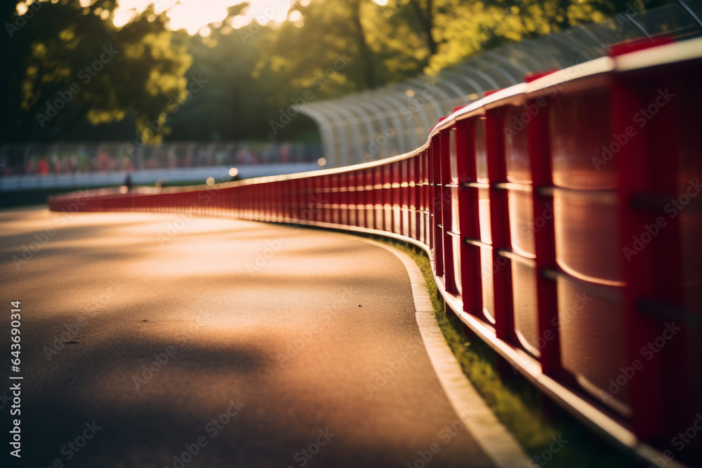 A closeup of a bend at a Formula 1 race track. The sides of the track ...