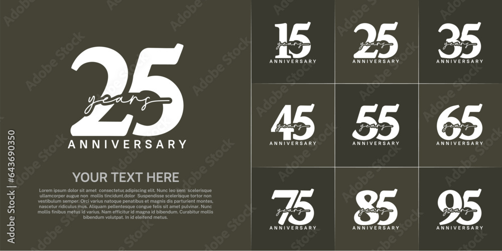 set of anniversary logo with white number and white handwriting text can be use for celebration