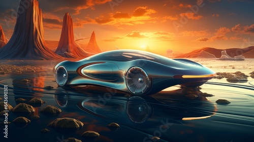A modern, racing super car that does not yet exist drives on the road against the backdrop of nature, desert and mountains. Cars of the future, automotive industry.