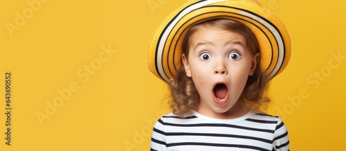 Shocked Caucasian girl in striped T shirt on yellow background with a surprised look gestures towards an empty area