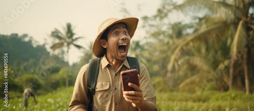 Indonesian farmer in traditional attire with suitcase smiling happily and looking shocked during a video call on smartphone photo