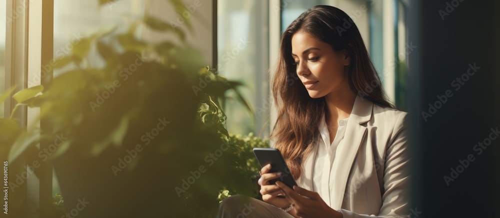 Young businesswoman using smartphone in meeting room with nature background through window Young businesswoman using smartphone in meeting room with nature background through window
