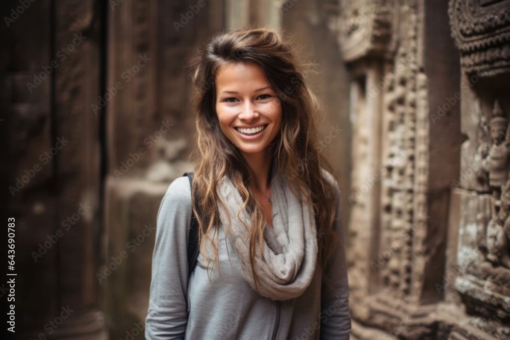 Naklejka premium Lifestyle portrait photography of a grinning girl in her 30s wearing a long-sleeved thermal undershirt at the angkor wat in siem reap cambodia. With generative AI technology