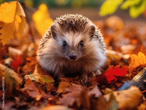 Resilient European Hedgehog, spiky mammal navigates fallen leaves in autumn, made with Generative AI