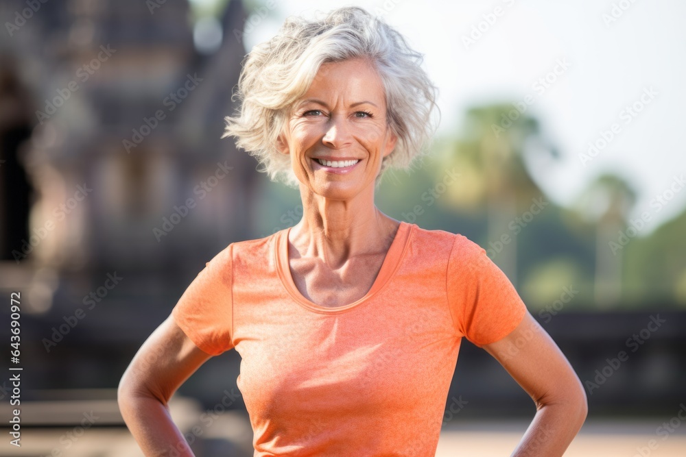 Fototapeta premium Headshot portrait photography of a happy mature woman wearing a comfortable yoga top at the angkor wat in siem reap cambodia. With generative AI technology