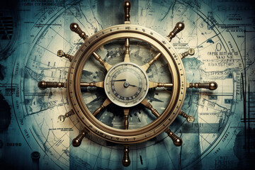 Vintage navigation background illustration with steering wheel, charts, anchor, chains