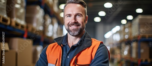 Composite image of a Caucasian mid adult male manager in workwear at a warehouse representing national safety month portrait emphasizing safety protection and the industry with copy space and p