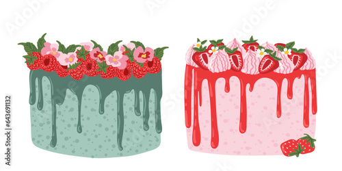 Raspberry and Strawberry mousse cakes. Happy birthday party vector element. Flat illustration in cartoon style for sticker, card, invitation